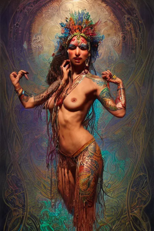 Image similar to a centered full body render of an alluring festival hippy with tribal tattoos surrounded by a underwater ink pour and flowing liquid gallium and sacred geometry, perfect body and face, gorgeous, cinematic, beautifully lit, by gaston bussiere, by karol bak, by donato giancola, 3 d, trending on artstation, octane render, 8 k