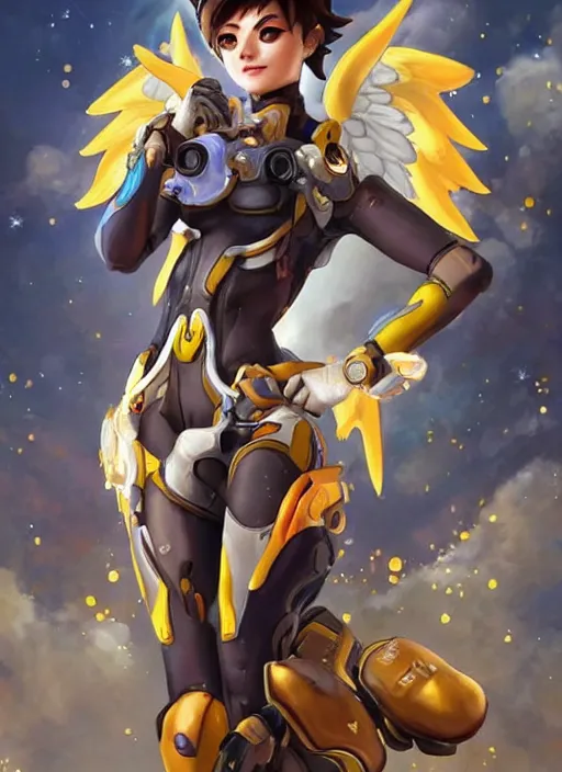 Image similar to full body oil painting of tracer overwatch in the style of artgerm, angel wings, angelic golden armor, dramatic painting, symmetrical composition, ornate, high detail, gold detailed collar!!!!!, blooming, lights, flowers, detailed face,