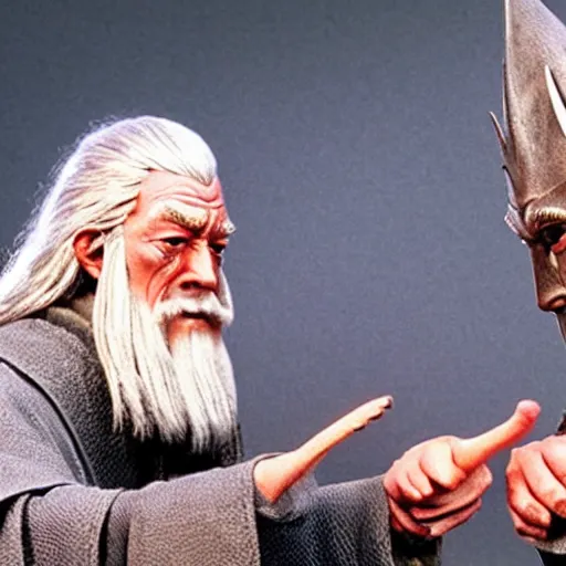 Prompt: gandalf and sauron having a thumb war