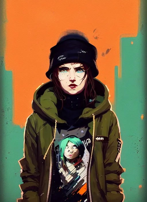 Image similar to highly detailed portrait of a cloudpunk young seattle lady, tartan hoody, by atey ghailan, by greg rutkowski, by greg tocchini, by james gilleard, by joe fenton, by kaethe butcher, gradient green, brown, blonde crea, orange, brown and white color scheme, grunge aesthetic!!! ( ( graffiti tag wall background ) )