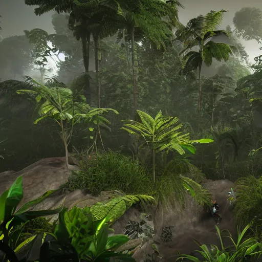 Image similar to « group persons, dark jungle, far view, unreal engine 5, highly detailed, exploring, pretty flowers, »