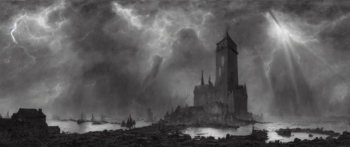 Image similar to an engraving of the shadow over innsmouth, lovecraftian atmosphere, caspar david friedrich, foggy, depth, strong shadows, stormclouds, illuminated focal point, highly detailed