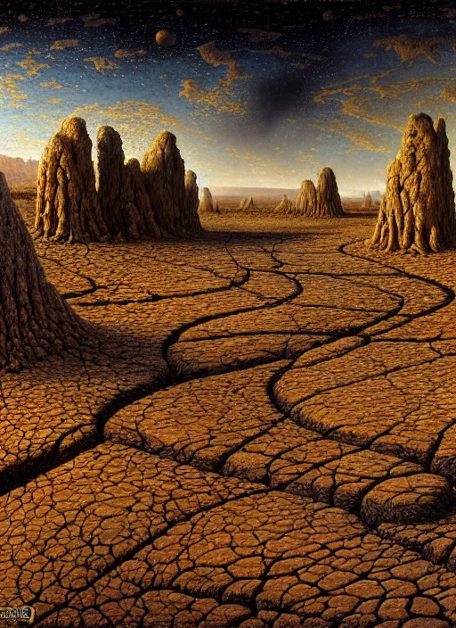 Prompt: the ancient alien home world by ivan shishkin and zacharias aagaard and gillis rombouts and donato giancola, dry river bed, barren desert landscape, chiaroscuro, tonalism, sfumato, high saturation, high contrast, vibrant, highly intricate details, dusty