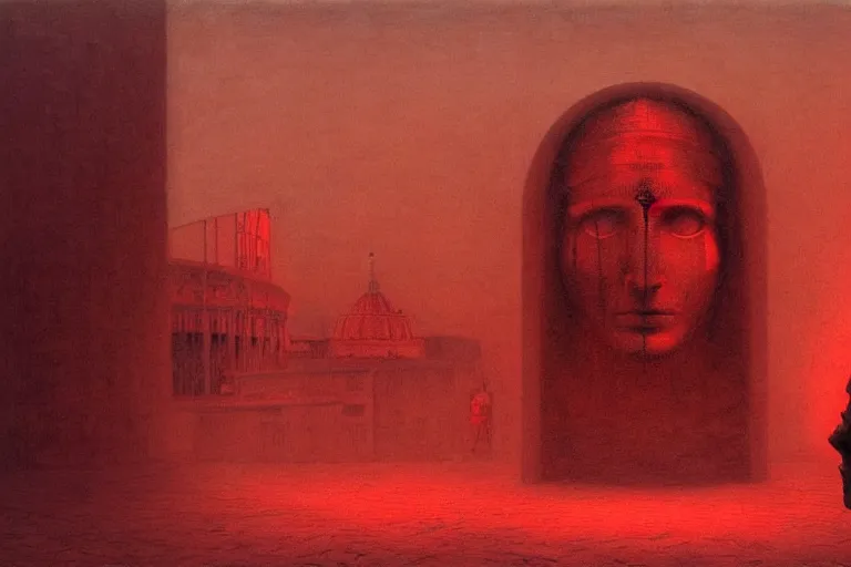 Image similar to only with red, caesar after win war, the deal, a red tiger, in hoc signo vinces, rome in background, an ancient path, in the style of beksinski, part by hopper, part by rodcenko, part by hofbauer, intricate composition, red by caravaggio, insanely quality, highly detailed, masterpiece, red light, artstation