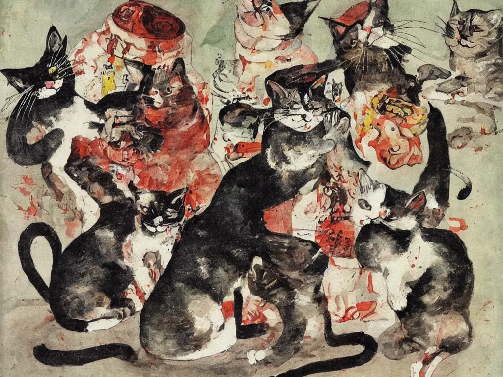 Image similar to cat breaking the china. Painting by Otto Dix