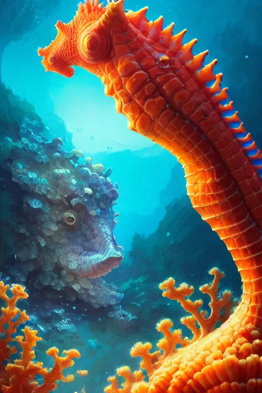 Prompt: highly detailed portrait of coral seahorse, stephen bliss, unreal engine, fantasy art by greg rutkowski, rhads, ferdinand knab, makoto shinkai and lois van baarle, ilya kuvshinov, rossdraws, tom bagshaw, global illumination, radiant light, yellow blue theme, coral reef