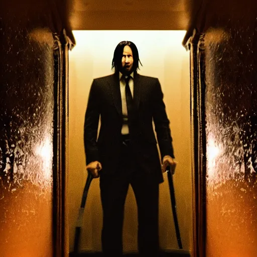 Prompt: grainy photo of john wick as a creepy monster in a closet, harsh flash