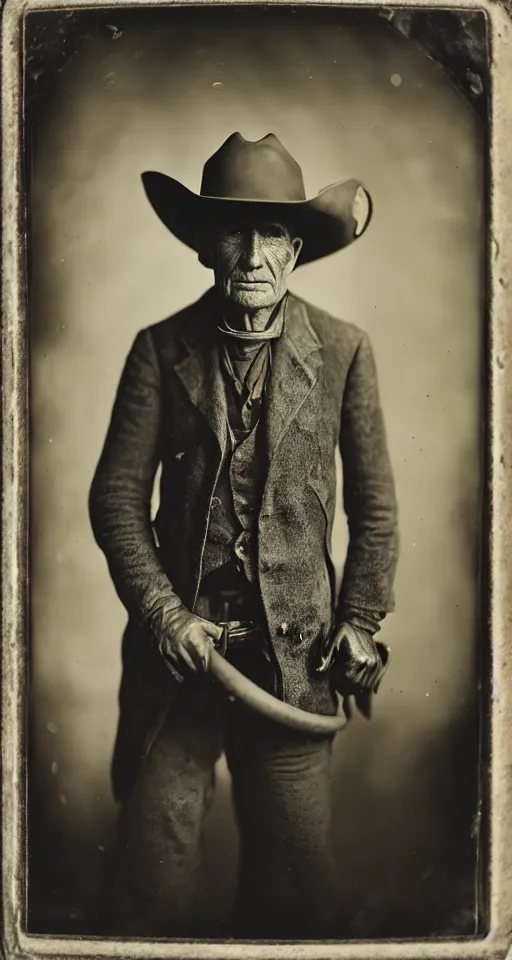 Image similar to a wet plate photograph, a portrait of an old cowboy