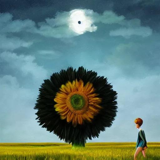 Image similar to giant daisy flower as a head, girl walking in field, surreal photography, moon light, dark night, dramatic, impressionist painting, clouds, digital painting, artstation, simon stalenhag