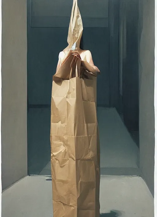 Image similar to woman in dress made from plastic bag with paper bags for clothes standing inside paper bags with paper bag over the head at store display Edward Hopper and James Gilleard, Zdzislaw Beksinski, highly detailed