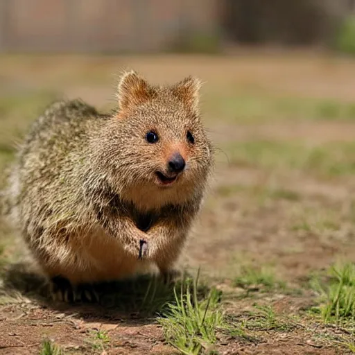 Image similar to A happy quokka running in front of a large explosion