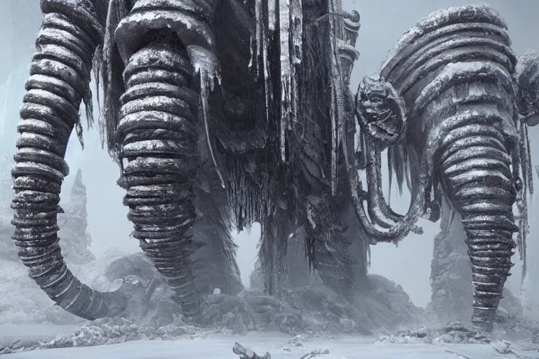 Image similar to a giant steampunk mammoth, post - apocalyptic ice landscape in snowstorm, concept art by hr giger, hyper detailed, unreal engine