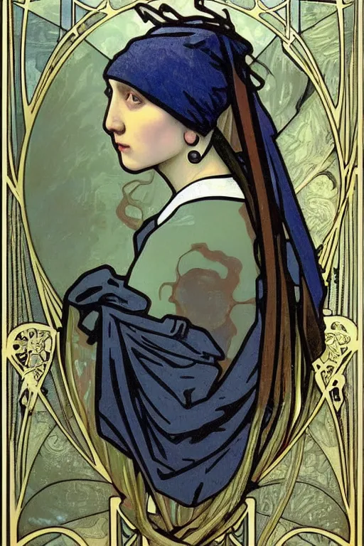 Image similar to A Girl with a pearl earring by Alphonse Mucha, detailed,Art Nouveau, Neo-Gothic, gothic, rich deep moody colors background.