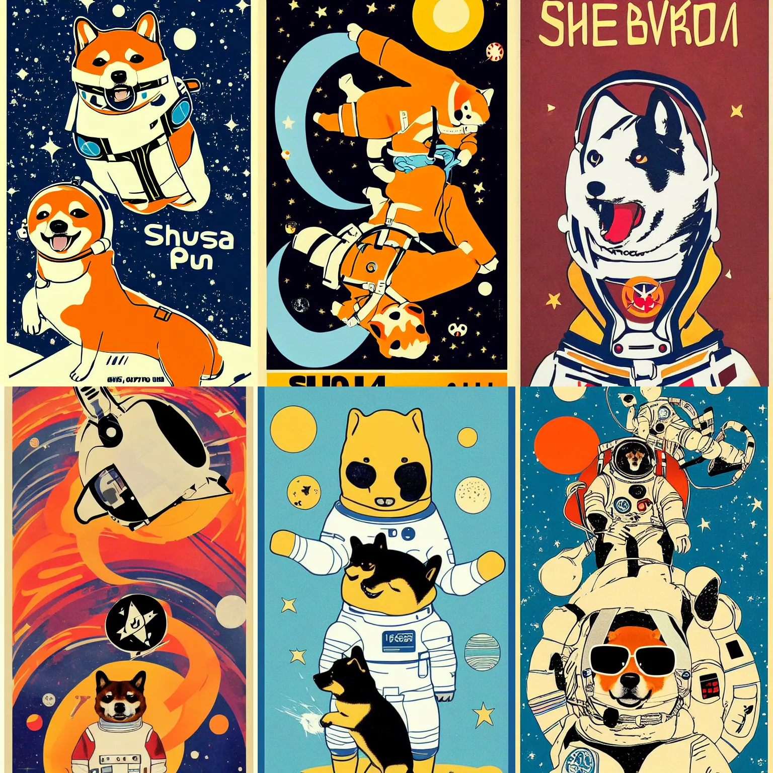 Image similar to Shiba Inu cosmonaut, 60s poster, in the style of a music poster 1960s