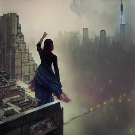 Prompt: “ a girl standing on a ledge looking down at a futuristic new york city below, ghostpunk, fog, storm clouds, rain, detailed face, oil painting, by alphonse mucha ”