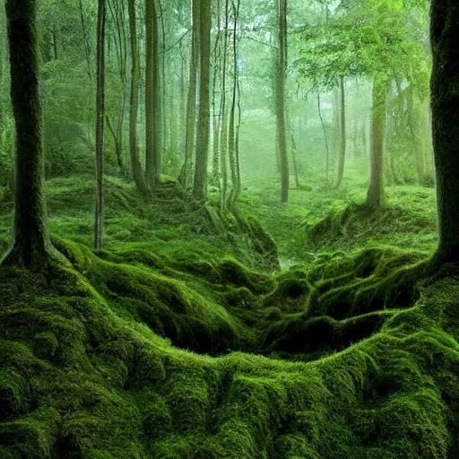 Image similar to the wood between the worlds, narnia, a forest filled with pools of water, lush green forest, moss,