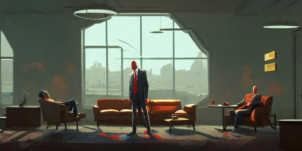 Prompt: concept art by Stan stalenhag of Agent 47 smoking a spliff!! in the lobby of a hotel. epic wide angle shot, cinematic lighting photorealistic, award winning on Artstation, hyper detailed, hyper realistic.