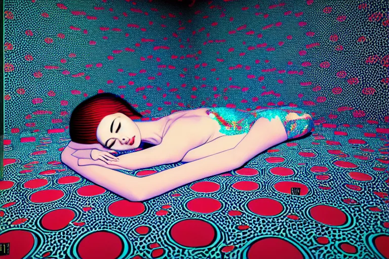 Prompt: realistic detailed image of a woman laying down in a padded room, conjuring psychedelic background, part by takato yamamoto, part by yayoi kusama, part by alex gray, ross tran, james jean, ultra realistic, octane render, highly detailed, 8 k, trending on artstation, cosmic, symmetry, masterpiece