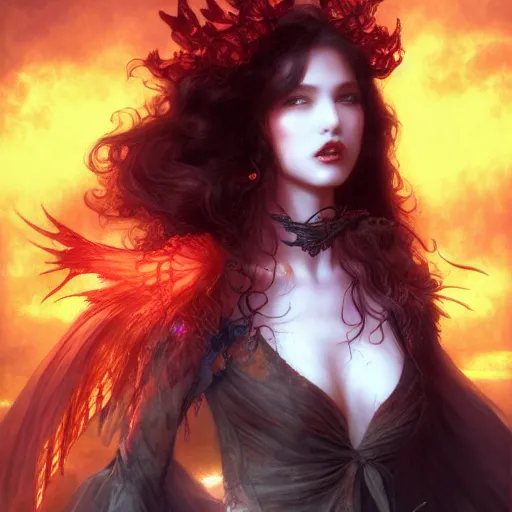 Prompt: young vampire princess with burning wings 4 k high definition gorgeous dramatic lighting artstation trending path traced contrast light and dark cinematic breathtaking by noriyoshi ohrai, patrick woodroffe, and hans zatzka