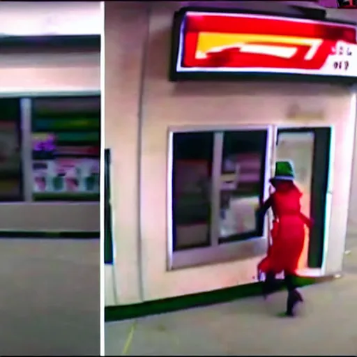 Prompt: Security camera footage of Irma Vep robbing a 711