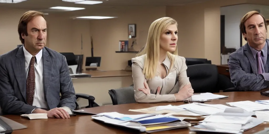 Image similar to saul goodman and kim wexler in severance office setting