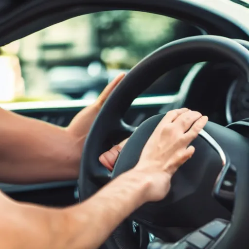 Image similar to extremely muscular hand gripping a steering wheel tightly, first person pov, detailed, inside car