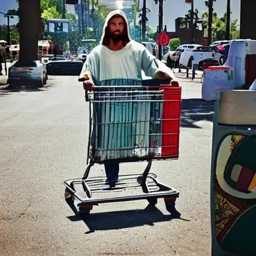 Image similar to a photograph of shopping cart jesus : savior of the downtrodden