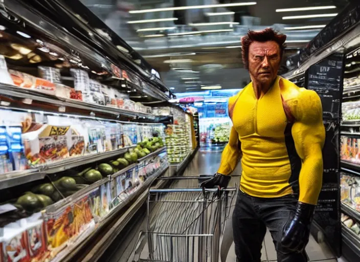 Image similar to film still of Wolverine going grocery shopping in the new X-Men movie, 4k