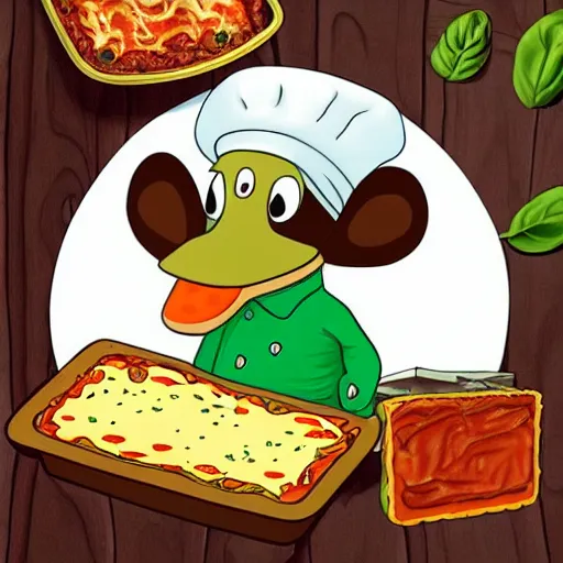 Prompt: cute platypus wearing a chef hat and holding a lasagna with three basil leaves over the lasagna, pixar style, ultradetailed, dramatic