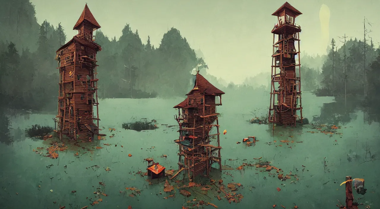 Prompt: single flooded simple wooden tower, very coherent and colorful high contrast ultradetailed photorealistic masterpiece by norman rockwell simon stalenhag james gilleard, dark shadows, sunny day, hard lighting