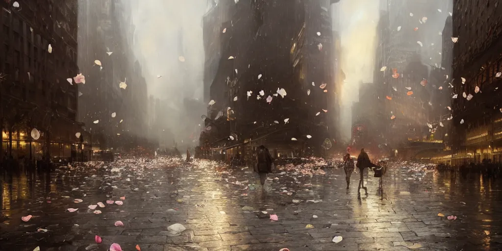 Prompt: raining flower petals in manhattan, dim volumetric lighting, 8 k octane render, hdr, postprocessing, hyperdetailed, intricate, epic composition, cinematic lighting, masterpiece, trending on artstation, stunning art by anders zorn, extraordinary artwork by greg rutkowski