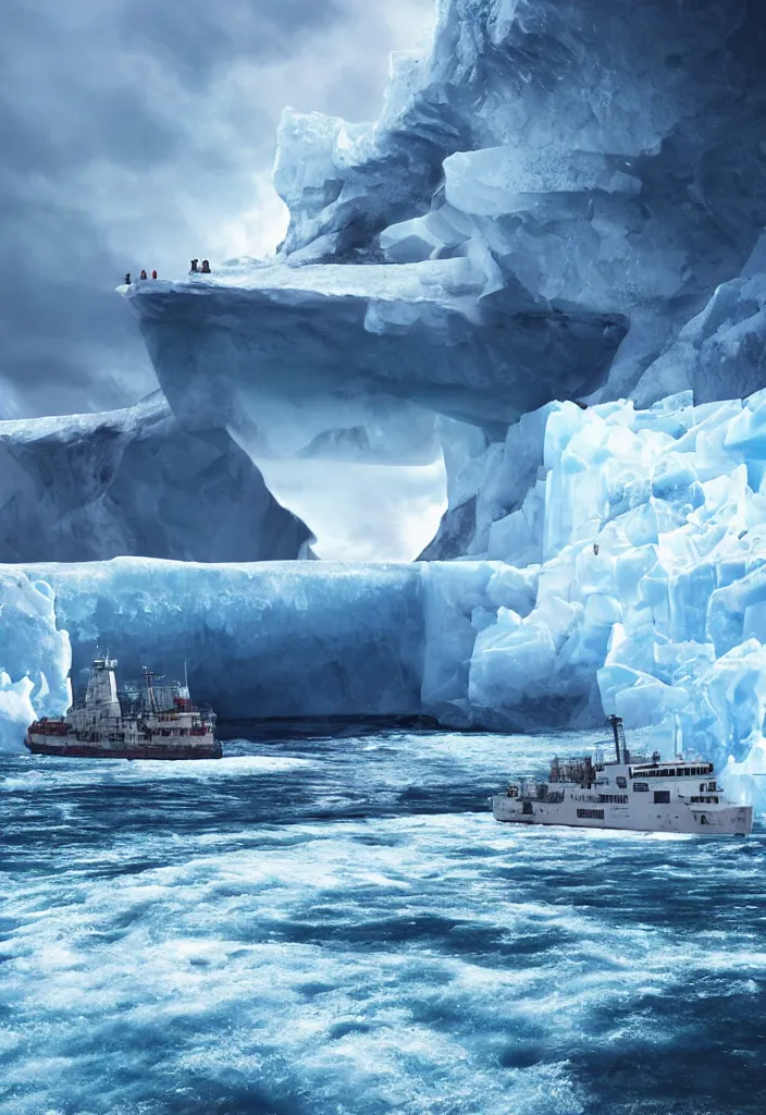 Image similar to ship being persecuted by a police ship over raging turbulent waters in antartica, icebergs in the background, hyper realistic, highly detailed, digital art, apocalyptic, intimidating lighting, raytracing, sharp focus, smooth