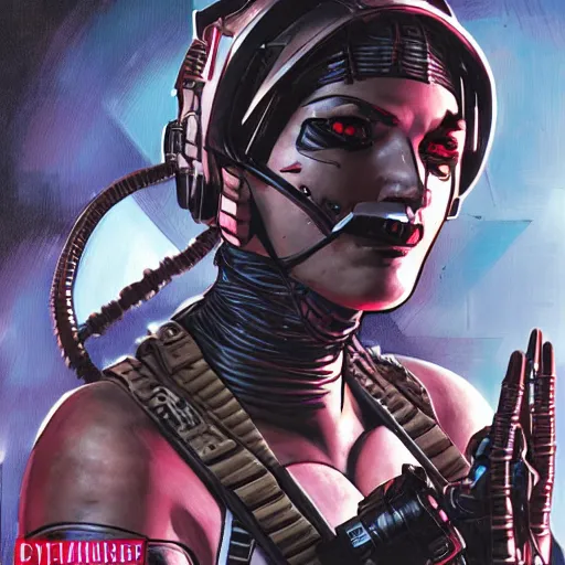 Image similar to A comic book cover of a female cyberpunk mercenary wearing cybernetic sci fi head gear and earpiece in the style of DC Comics, highly detailed, oil on canvas