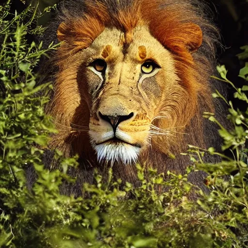 Prompt: unearthly speckled lion, in a lush alien forest filled with glowing unfamiliar flora, award - winning photography