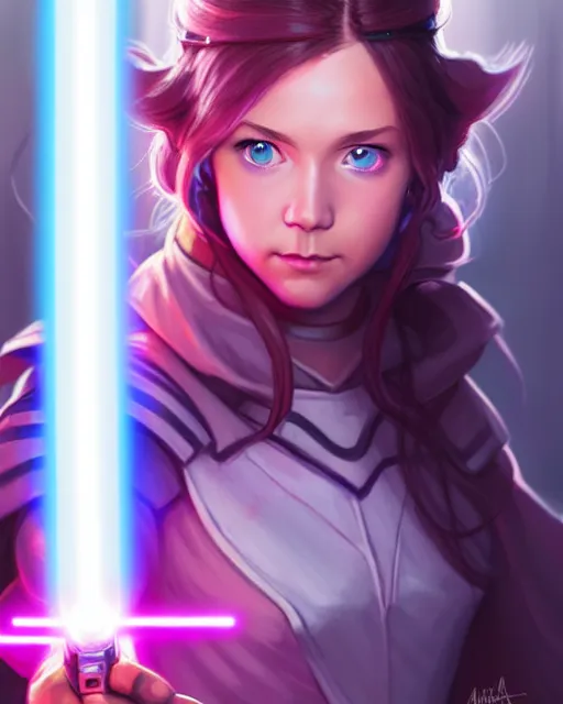 Prompt: cute blue eyed brunette girl!! pink lightsaber! jedi, fire emblem, art by artgerm and greg rutkowski and magali villeneuve, portrait, d & d, fantasy, highly detailed, digital painting, trending on artstation, concept art, sharp focus, illustration