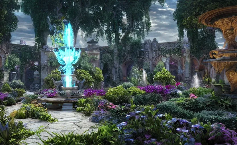 Image similar to A beautiful garden, next to a fountain and a mystical palace, hyperrealistic mixed media, stunning 3d render inspired art by P. Craig Russell and Barry Windsor-Smith + perfect facial symmetry + dim volumetric lighting, 8k octane beautifully detailed render, post-processing, extremely hyperdetailed, intricate futuristic mechanic parts, epic composition, grim yet sparkling atmosphere, cinematic lighting + masterpiece, trending on artstation