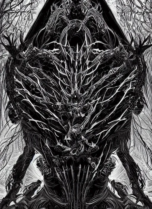 Image similar to Full Art Illustration, Full Body Portrait, black and white, manga, dark RA face illustration, symmetrical, evil, chaos, hypermaximalist, ornate, horror, by Tsutomu Nihei, detailed, intricate ink illustration, symmetry, bloodborne