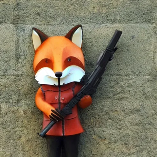 Prompt: a cute anthropomorphic fox holding a rifle and guarding a palace