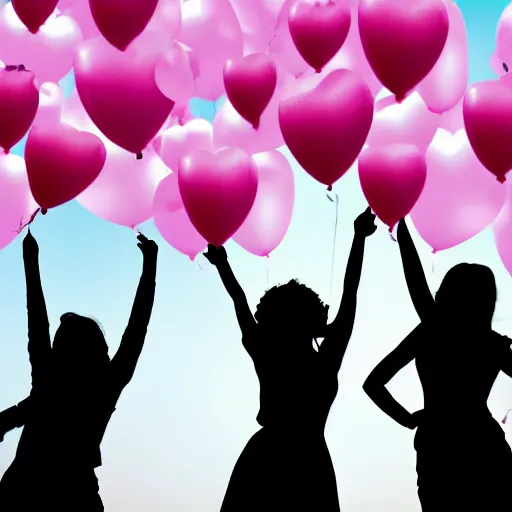 Prompt: silhouette of silly young women at a party having fun and holding balloons with pink hearts in the air