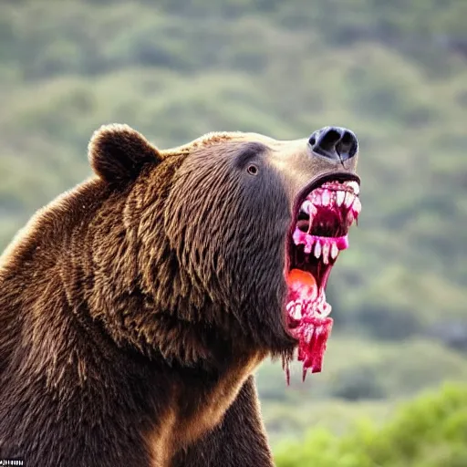 Prompt: a bloodthirsty bear, raised up on one side, with three ribs in its mouth between its teeth