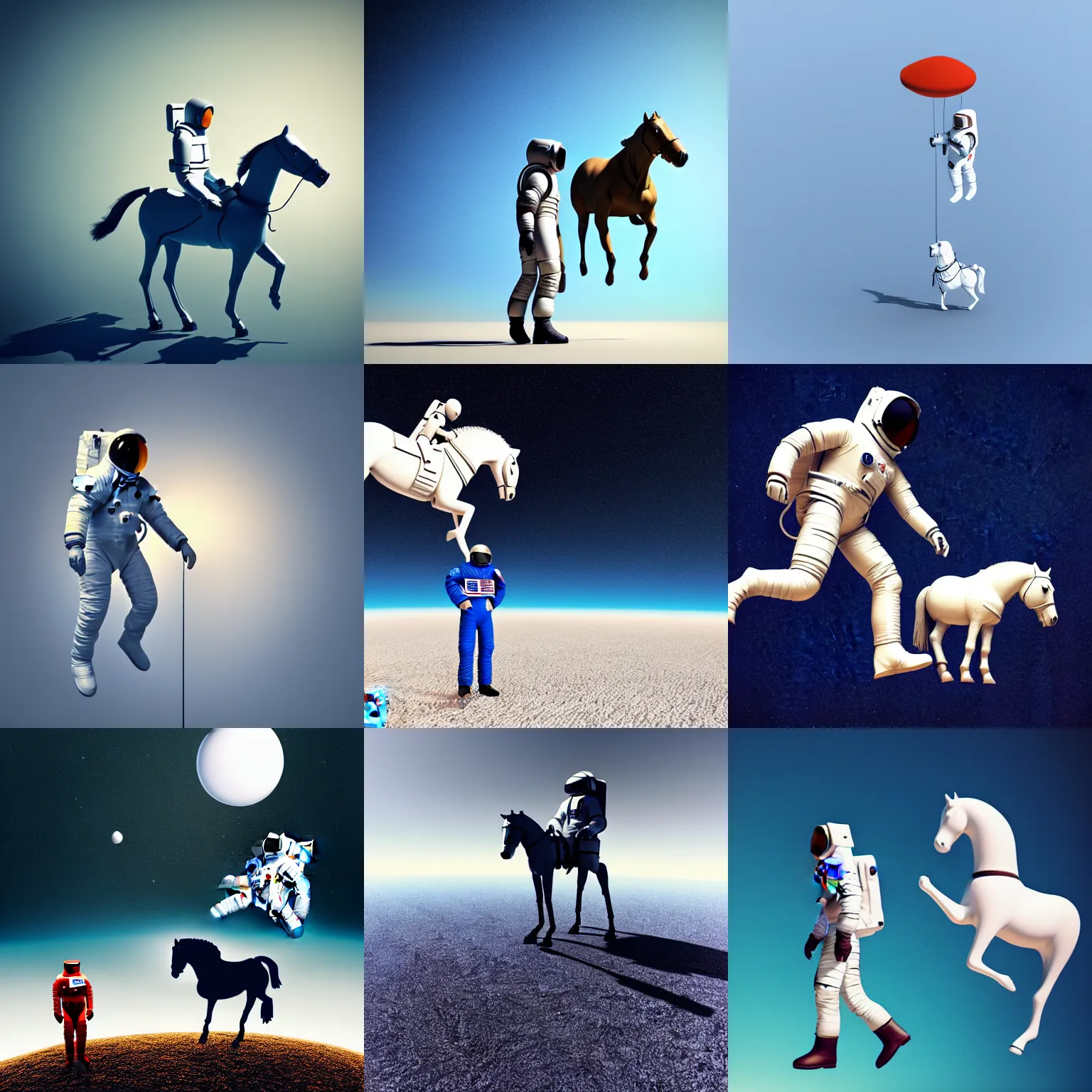 Prompt: an astronaut standing on the ground and a horse horse horse horse floating right above the human, exactly above him minimalist style, 3 d render.