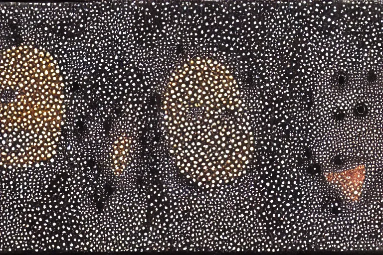 Image similar to teeth, smile, faceless people, black figures, dark, acrylic, clay, dots abstract, dripping, stipple, pointillism, technical, abstract, minimal, style of francis bacon, asymmetry, pulled apart, stretch, cloak, eerie, made of dots, abstraction chemicals, blotter, mask, colored dots, splotch, old painting style