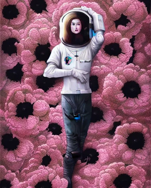 Image similar to a vintage photograph of a female astronaut standing on a bed of black and pink flowers, photorealistic, muted colors, dark aesthetic, intricate, elegant, sharp focus, illustration, highly detailed, digital painting, concept art, matte, art by wlop and artgerm and greg rutkowski and ross tran, masterpiece