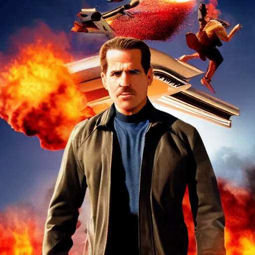 Image similar to action hero movie poster, hunter biden, exploding building, huge, high quality, 8 k, mission impossible, hollywood