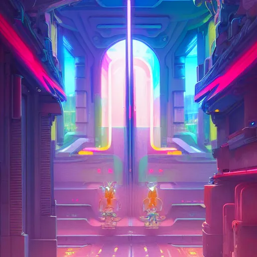 Image similar to street view of a cybernetic temple, vaporwave aesthetic, colorful, psychedelic, digital painting, artstation, concept art, smooth, sharp focus, illustration, art by artgerm and greg rutkowski and alphonse mucha