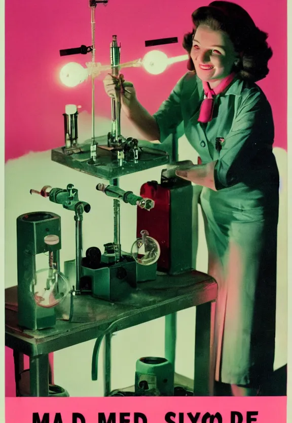 Prompt: A female mad scientist smiling in a darkly lit laboratory field with test tubes, constructing a partially-built realistic robotic man in a suit, 1950s horror film movie poster style, retro vintage, saturated pink and green lighting