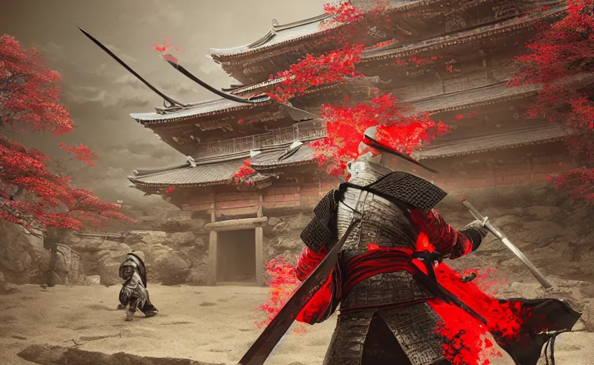 Image similar to highly detailed digital illustration of ninja shinobi in the in old, japanese castle from sengoku period, surrounded by red samurai, cinematic lighting, photobash, raytracing, volumetric lighting