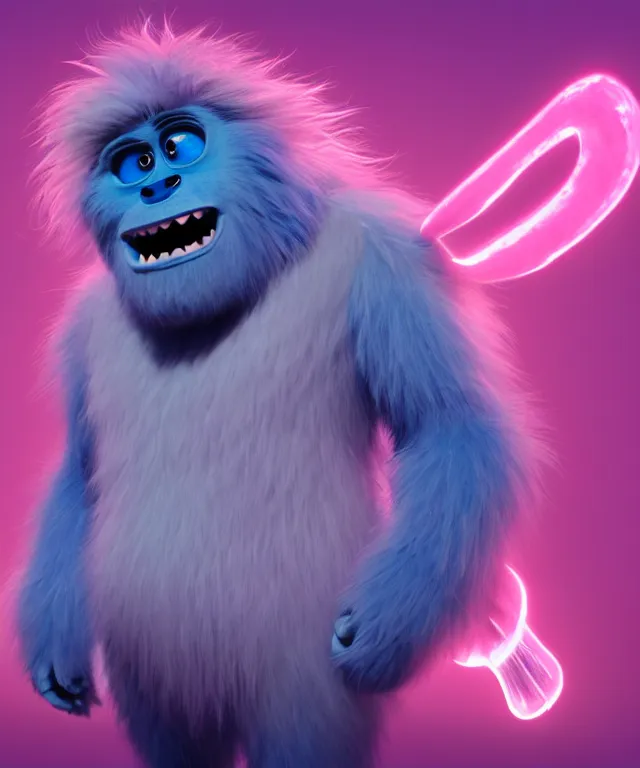 Image similar to a big furry monster made of bioluminescence in the art style of monsters inc, fantasy, elegant, crisp 8 k line art, digital painting, artstation, unreal engine, octane render, emissive lighting, concept art, matte, sharp focus, hyper realistic lighting, illustration, deep royal blue and pink color scheme, art by dave kendall