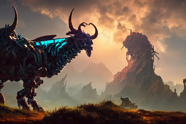 Image similar to grimhorn fanghorn machine mecanical creature robot of horizon forbidden west horizon zero dawn bioluminiscence global illumination ray tracing hdr fanart arstation by ian pesty and alena aenami artworks in 4 k