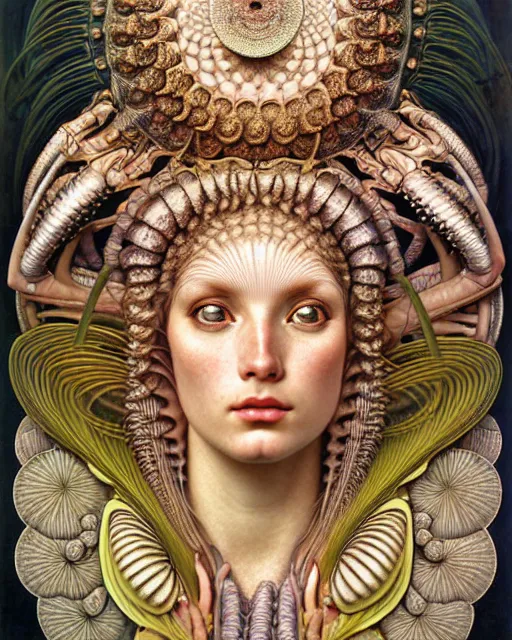 Image similar to hyperrealistic detailed face portrait of the beautiful goddess of the giant isopods with an intricate golden ornamental geometrical fractal giant isopod masked headdress, art by ernst haeckel, john william godward, android jones, alphonso mucha, h. r. giger, gothic - cyberpunk, ornamental, dimmed pastel colours,